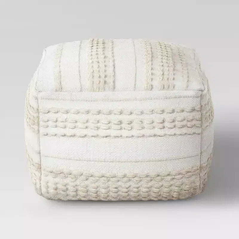 Lory Pouf Textured Neutral - Threshold™: Bohemian Square Ottoman, Tufted Handmade, Light Beige, Cotton Wool Blend
