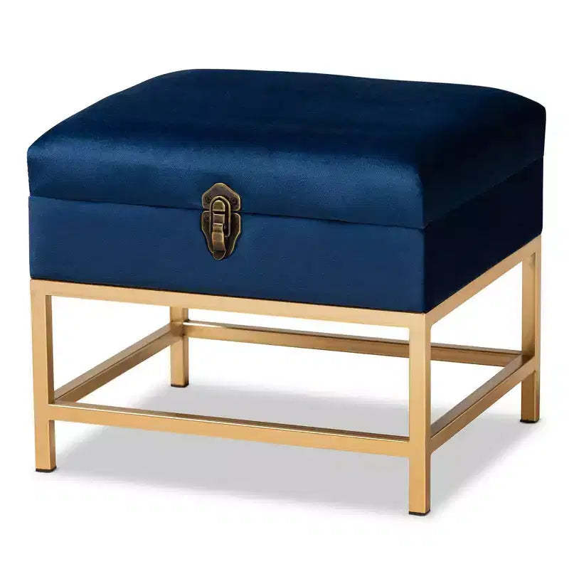 Aliana Fabric and Metal Ottoman Navy Blue/Gold - Baxton Studio