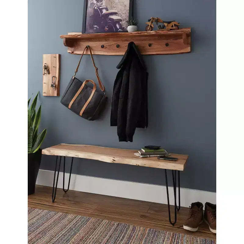 48 Hairpin Live Edge Wood Bench with Coat Hook Shelf Set Natural - Alaterre Furniture