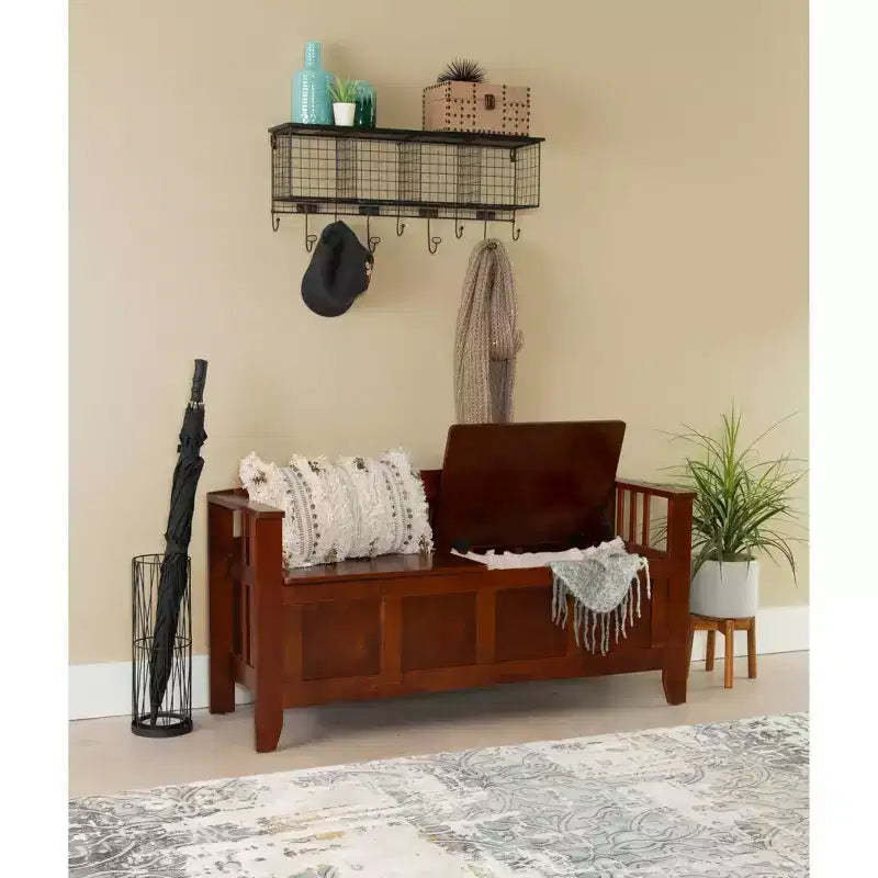 Linon 50" Shayla Finished Split Seat Solid Wood Storage Bench Walnut: Entryway Furniture, Shoe Organizer