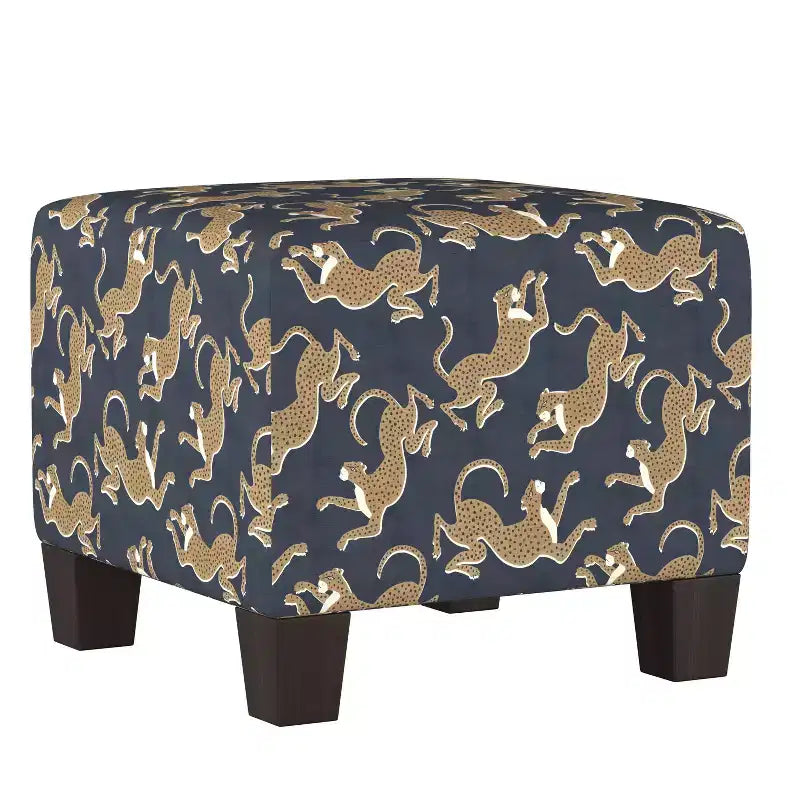 Skyline Furniture Annie Square Ottoman Navy Leopard Print: Contemporary Upholstered Seat, Metal & Wood Frame, 250 lb Capacity