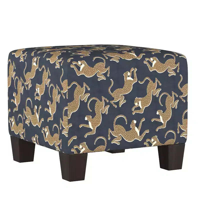 Skyline Furniture Annie Square Ottoman Navy Leopard Print: Contemporary Upholstered Seat, Metal & Wood Frame, 250 lb Capacity
