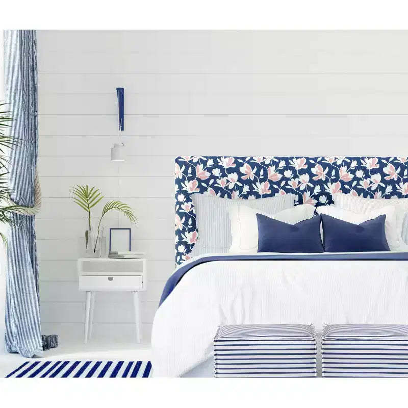 Skyline Furniture French Seam Ottoman in Nautical Stripe Navy: Modern Footstool, No Assembly, Wood Frame