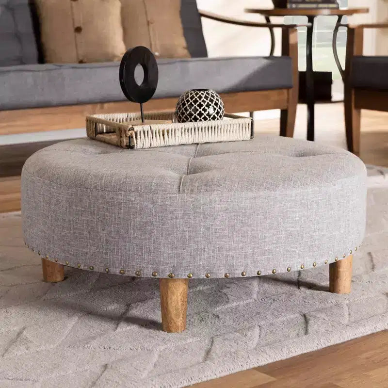 Baxton Studio Vinet Natural Wood Cocktail Ottoman Gray: Modern Upholstered Round Coffee Table, 250lb Capacity