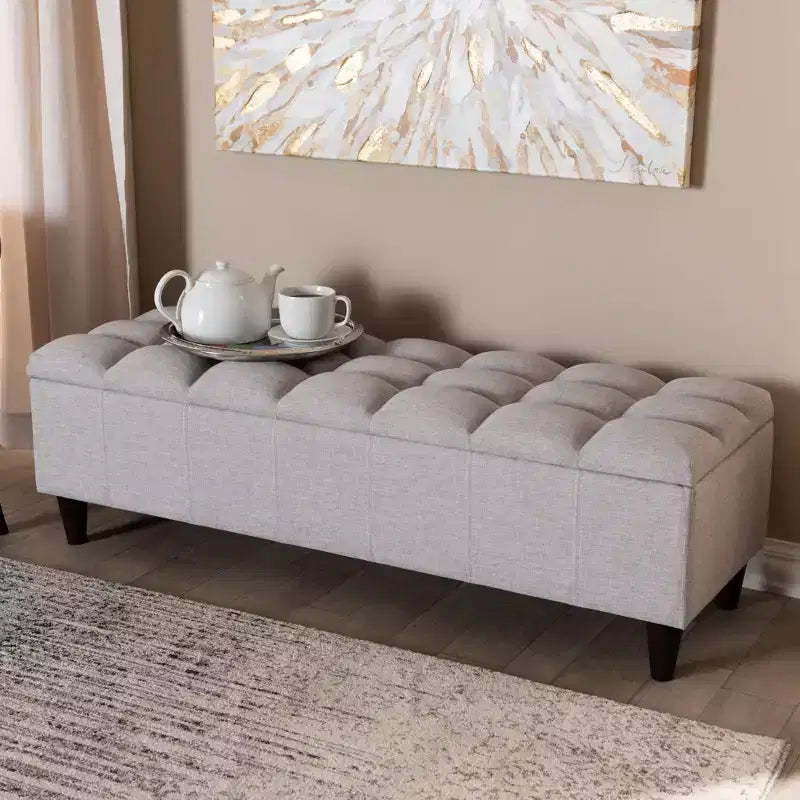 Brette Finished Wood Storage Bench Ottoman Grayish Beige - Baxton Studio: Mid-Century Modern, Tufted, Rubberwood Frame, 250 lb Capacity