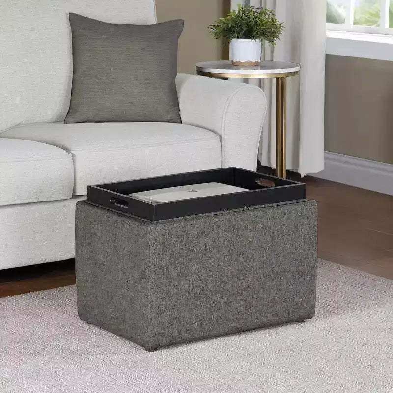 Breighton Home Designs4Comfort Accent Storage Ottoman with Reversible Tray in Soft Gray Fabric
