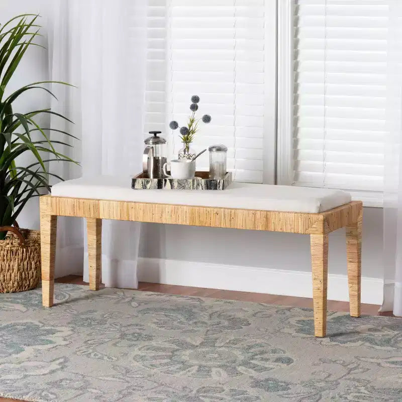 Sofia Rattan and Mahogany Wood Bench White/Natural Brown - Baxton Studio: Handmade, No Assembly Required