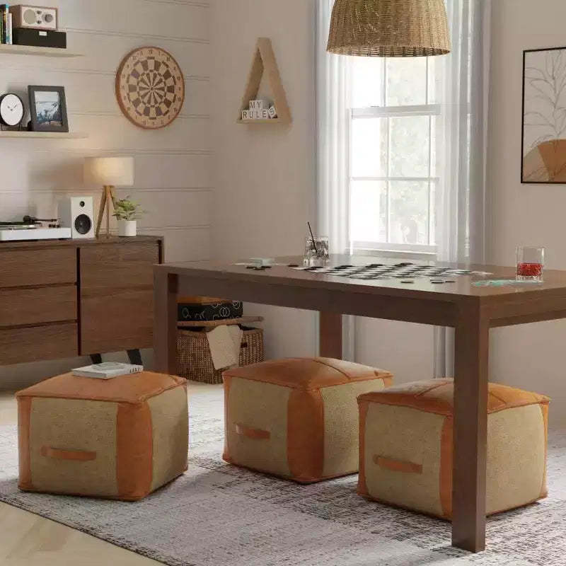 Castlebridge Pouf Tan - WyndenHall: Contemporary Square Ottoman, Removable Leather Cover, Abstract Pattern, 250 lb Capacity