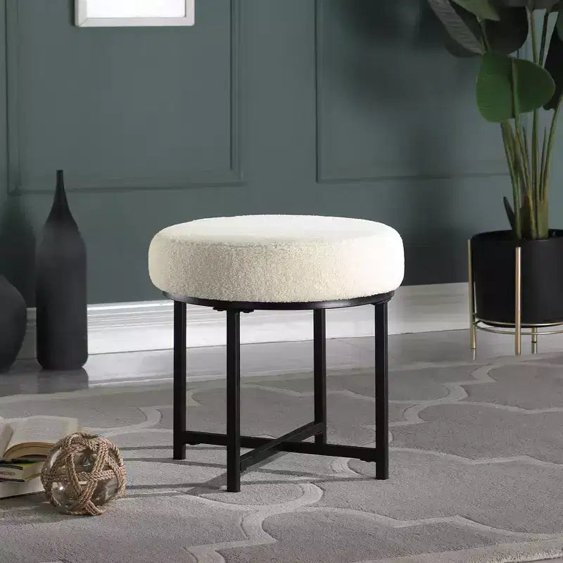 HomePop Round Metal Ottoman Cream Faux Sheepskin: Upholstered Footstool, Plywood & Metal Frame, Foam Fill