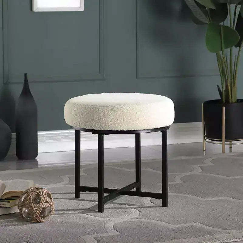 HomePop Round Metal Ottoman Cream Faux Sheepskin: Upholstered Footstool, Plywood & Metal Frame, Foam Fill