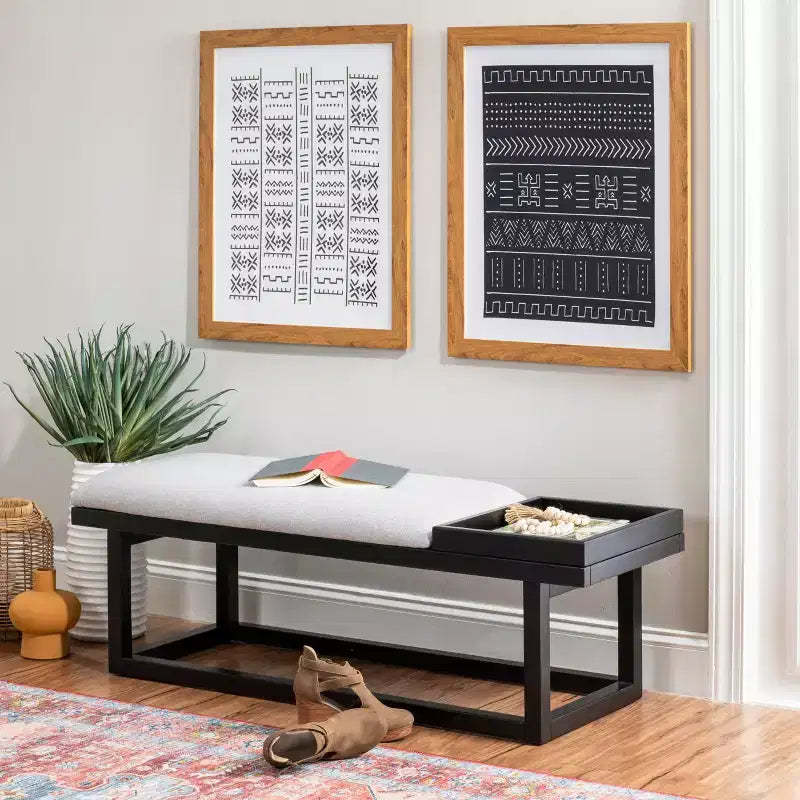Powell Lemire Modern Bench with Tray and Upholstery Black Finished/Gray: Rectangular, Polyester, Spot Clean, 300 lbs Capacity