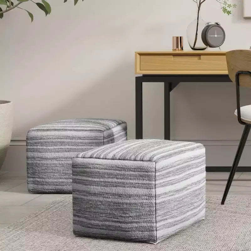 WyndenHall Eleanor Square Woven Pouf Black Melange/White: Handcrafted, No Assembly, Wool Upholstery, Contemporary Style