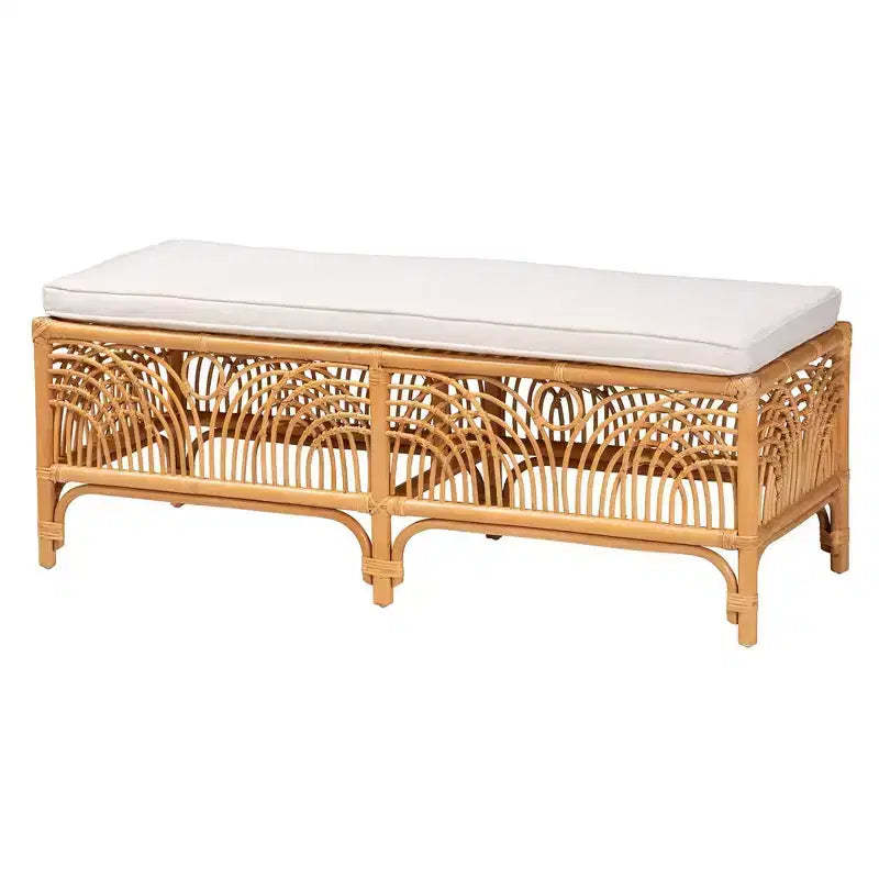 bali & pari Materra Rattan Bench White/Light Honey: Upholstered Polyester, No Assembly, Spot Clean