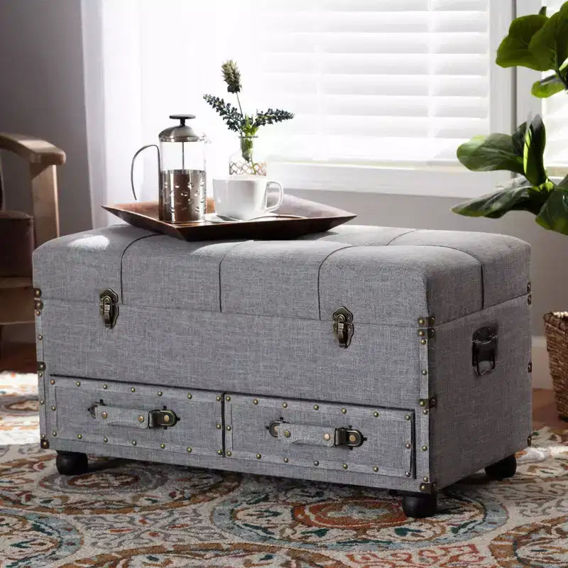 Flynn Fabric Upholstered 2 Drawer Storage Trunk Ottoman Gray/Black - Baxton Studio