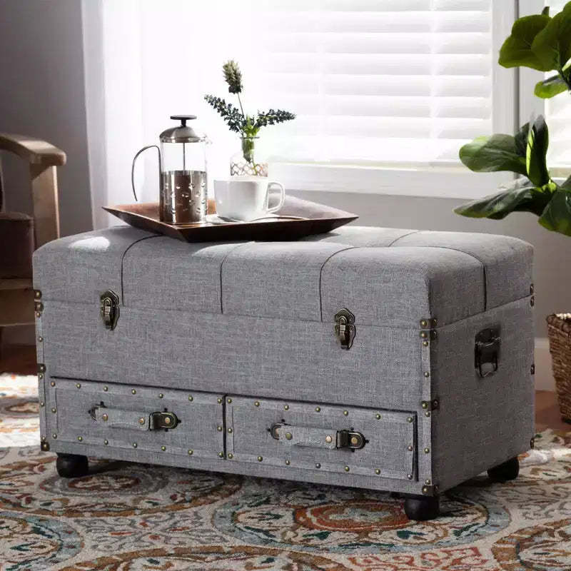 Flynn Fabric Upholstered 2 Drawer Storage Trunk Ottoman Gray/Black - Baxton Studio