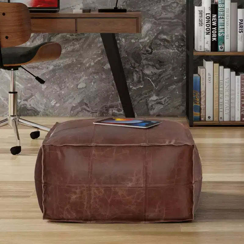 Erving Square Pouf Distressed Brown - WyndenHall