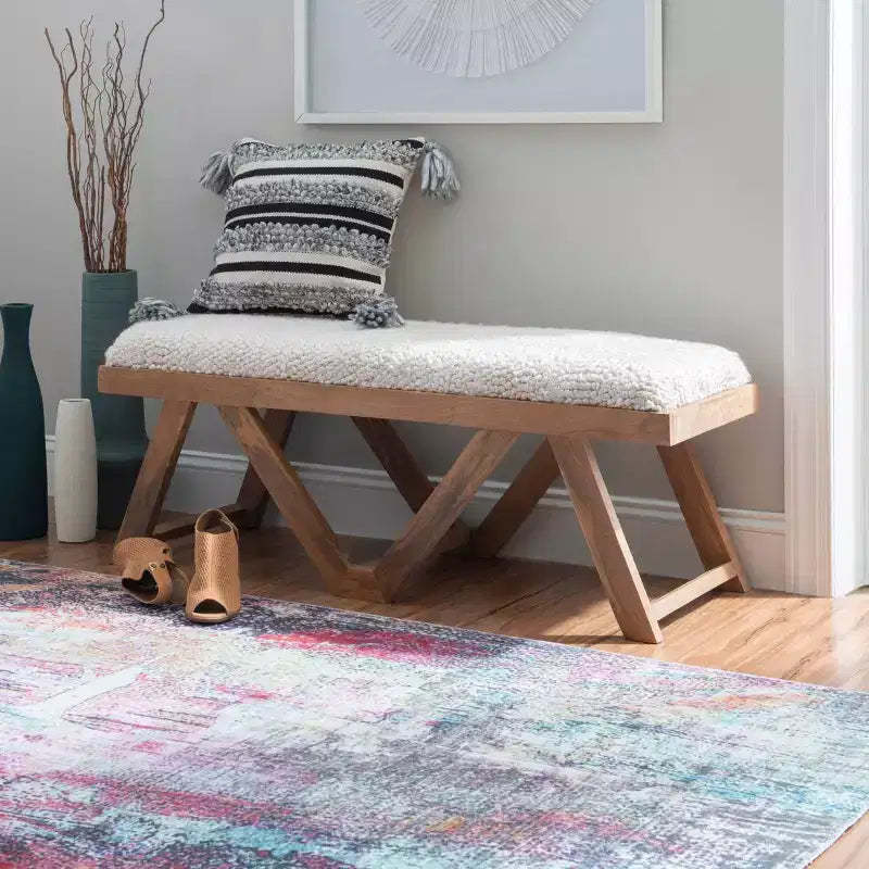 45" Bonnie Boho Solid Mango Wood Bench Textured Cream Fabric Upholstered Bench Brown - Linon