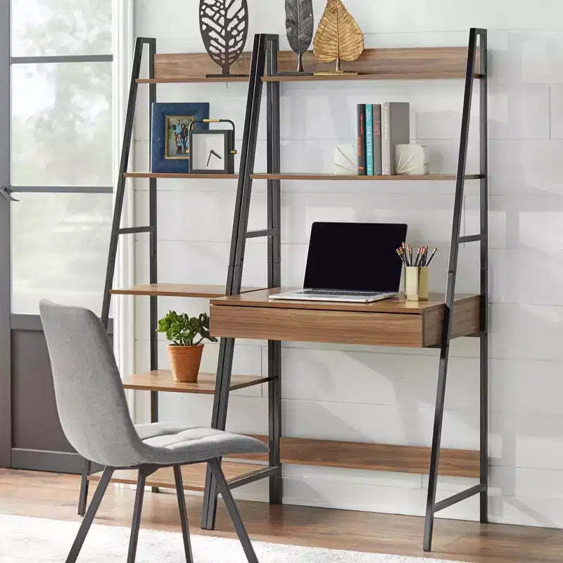 Buylateral 2pc Denton Ladder Desk and Shelf Walnut/Black: Leaning Shelf Desk with Open Storage, MDF & Metal Frame