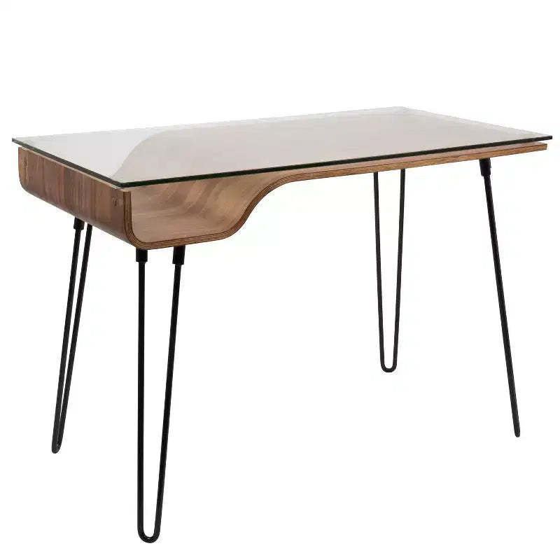 LumiSource Avery Mid Century Modern Desk Walnut : Tempered Glass Top, Wood & Metal Frame, All Purpose Drawer