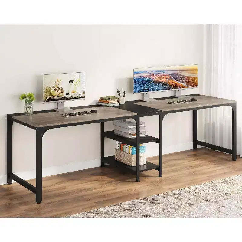 LITTLE TREE 90.55" Double Desk with Storage Shelf Gray/Black