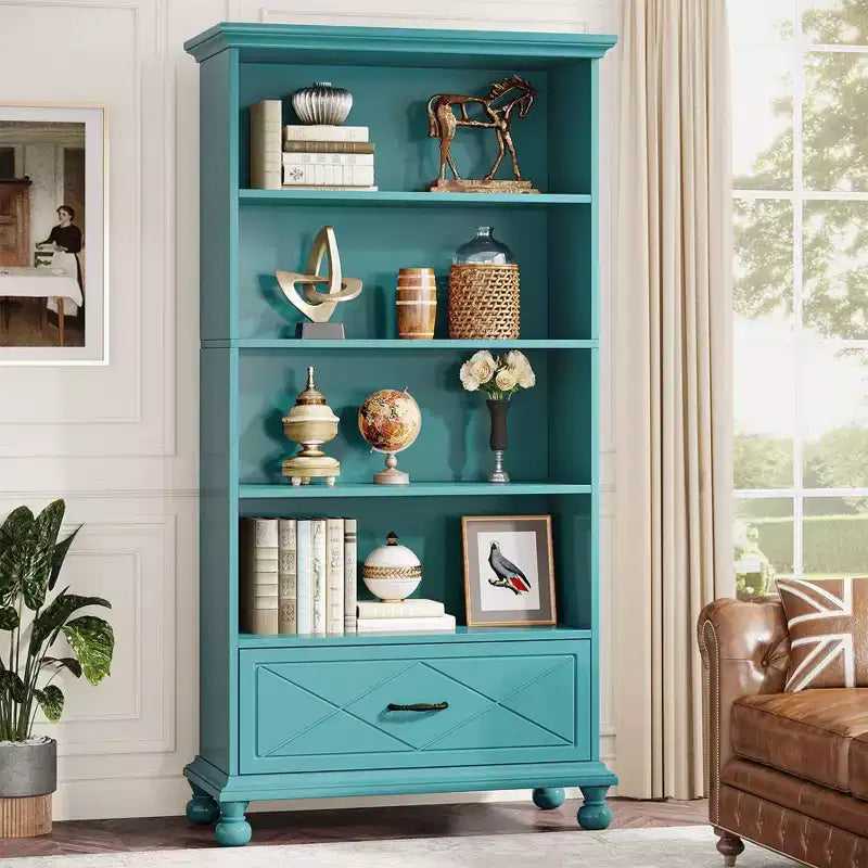LITTLE TREE 70.87" 6 Shelf Bookcase with Drawer and Solid Wood Legs Ocean Blue
