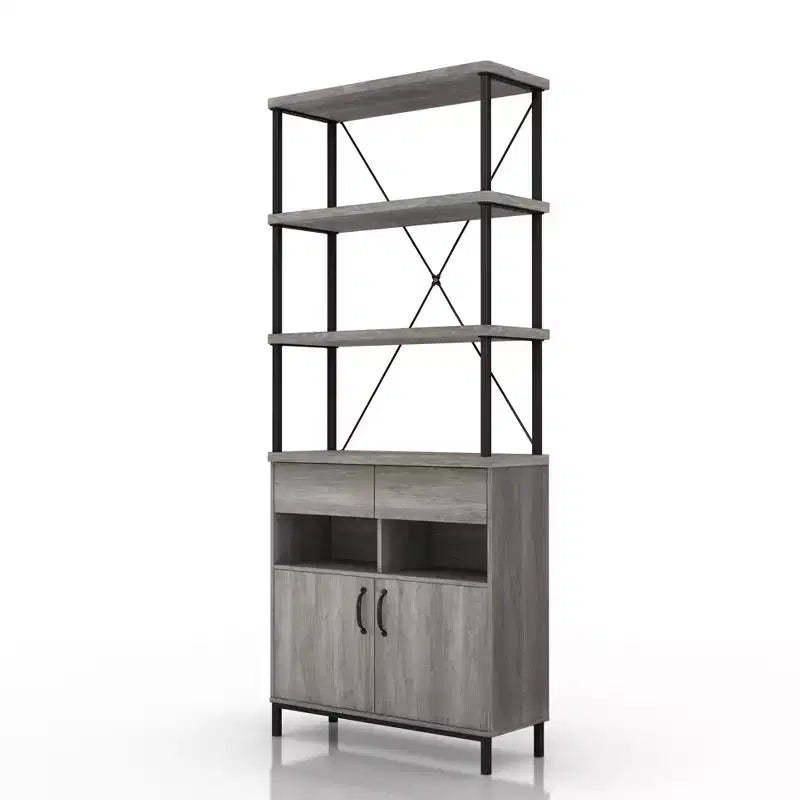 73.6" Skamania Rustic Bookcase with Storage, Metal Frame - miBasics: Industrial Design, Enclosed Cabinet