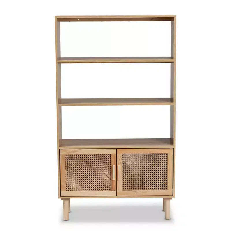 55.1" Faulkner Natural Wood Rattan 2 Door Bookcase Brown - Baxton Studio: Mid-Century Design, 3 Shelves