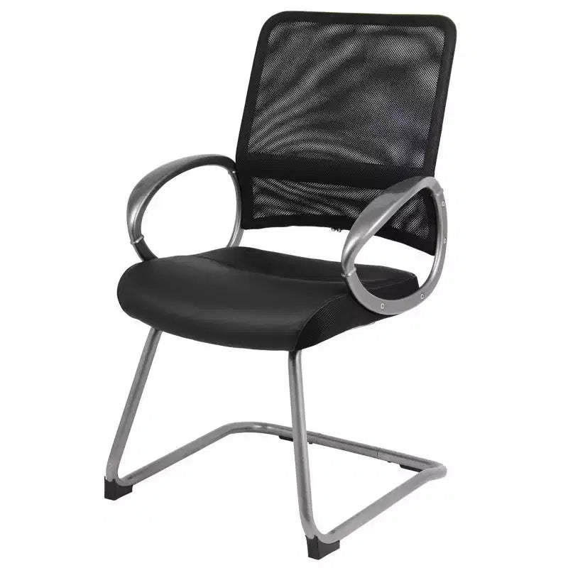 Mesh Back with Pewter Finish Guest Chair Black - Boss Office Products: LeatherPlus Seat, Cantilever Base