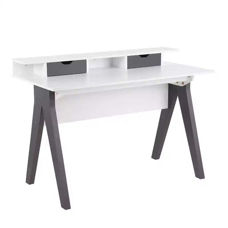 LumiSource Wishbone Contemporary Computer Desk Wood Gray/White:: Mid-Century Modern Office Workstation with Storage Drawer & Shelf
