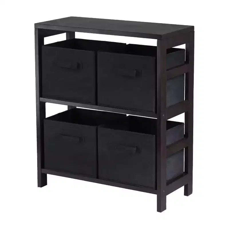4pc Capri Set Storage Shelf with Folding Fabric Baskets Espresso Brown/Black - Winsome: Mid-Century Modern, Wood Composite