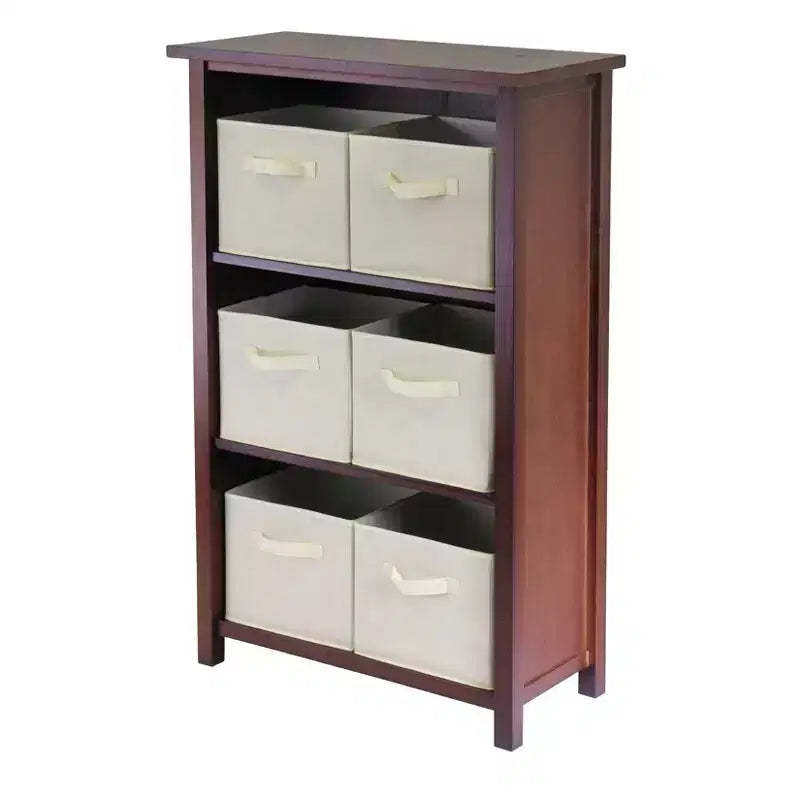 42.99" 7pc Verona Set Storage Shelf with Folding Fabric Baskets Walnut - Winsome: Mid-Century Modern, Wood Composite