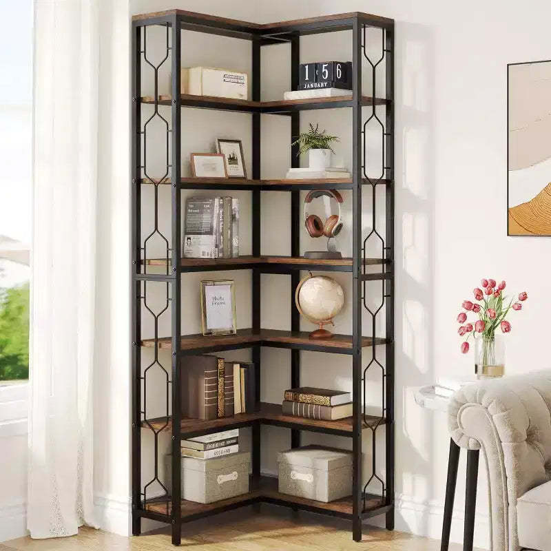LITTLE TREE 78.74" 7 Tier Corner Bookshelf Wood Rustic Brown