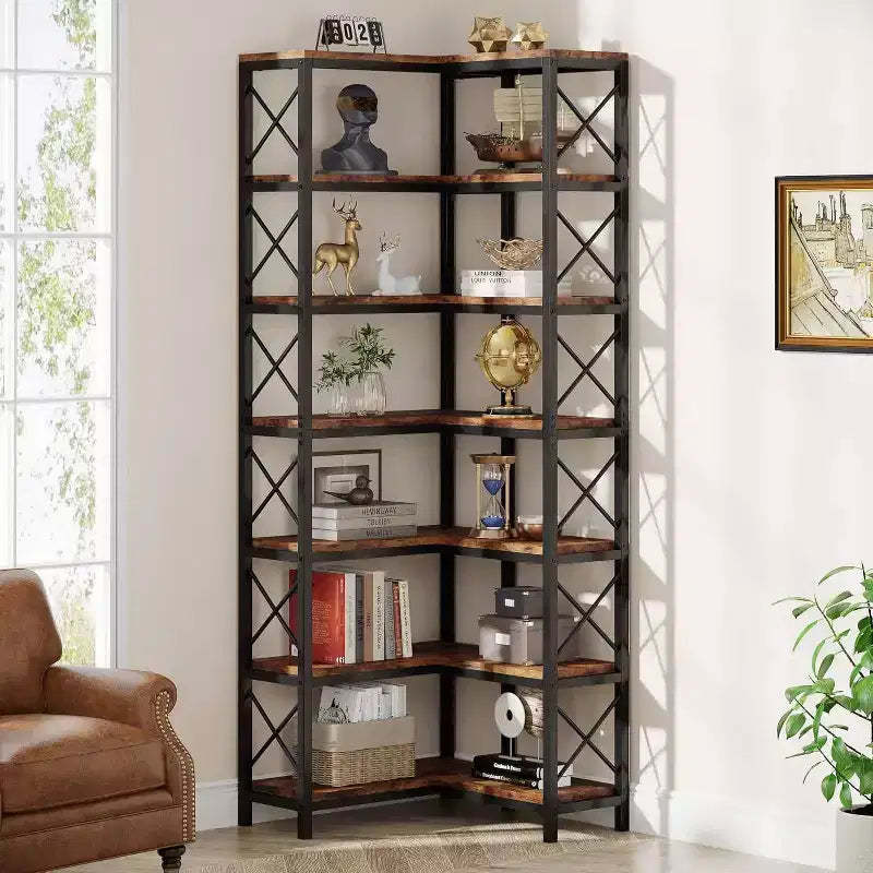 LITTLE TREE 66.74" 7 Tier Corner Bookshelf Brown