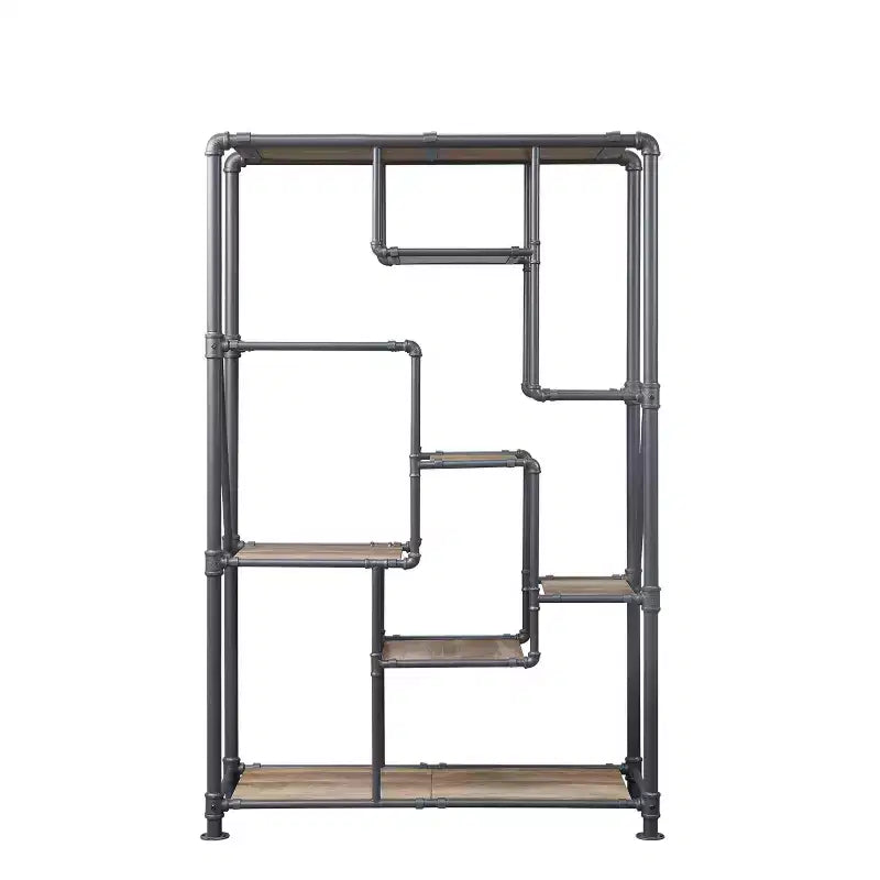 Acme Furniture 75" Brantley Bookshelf Antique Oak/Sandy Gray: Metal Frame, 7-Tier Storage, No Assembly Required