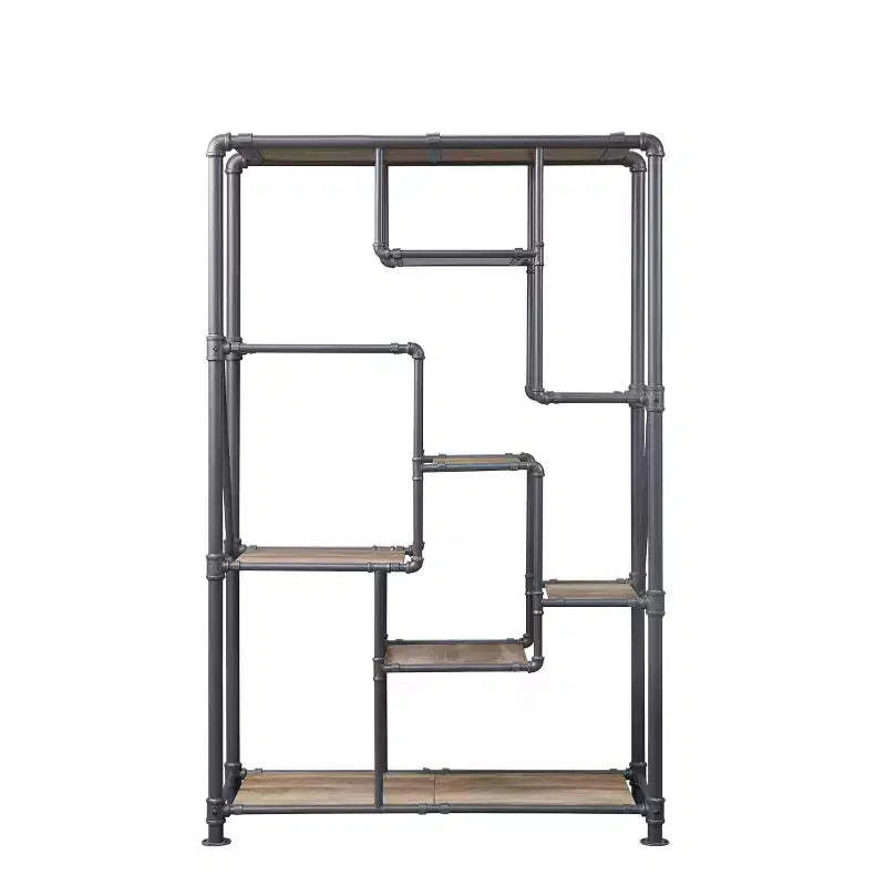 Acme Furniture 75" Brantley Bookshelf Antique Oak/Sandy Gray: Metal Frame, 7-Tier Storage, No Assembly Required
