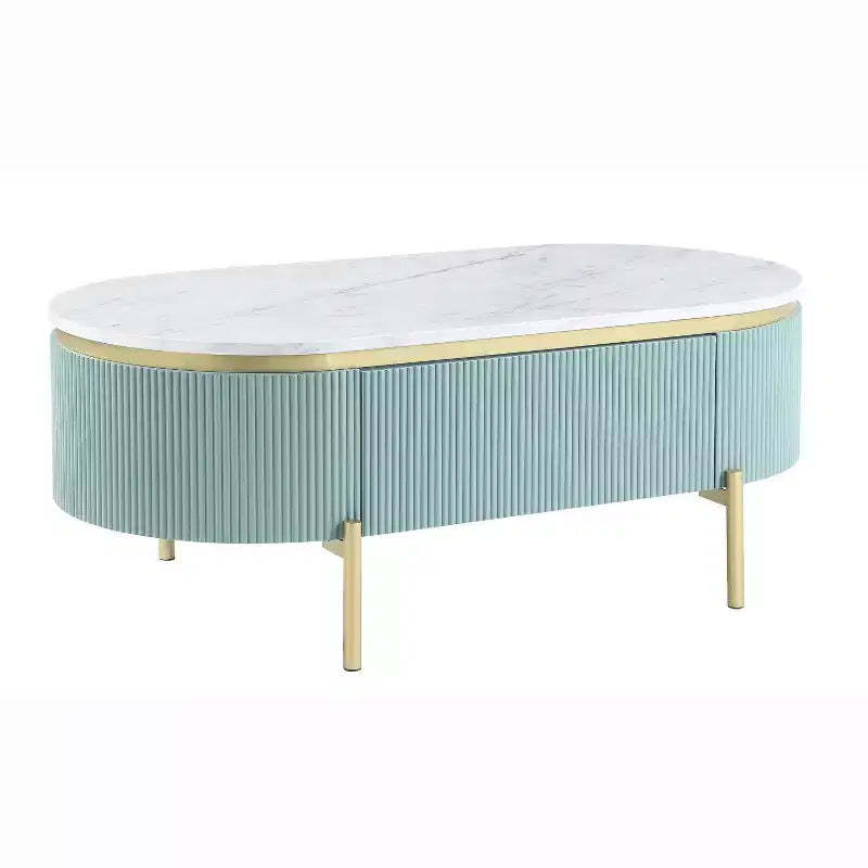 Cartehena Faux Marble Coffee Table with Drawer Light Teal Blue - HOMES: Inside + Out: Chic Gold, Mid-Century Modern Design, Concealed Storage