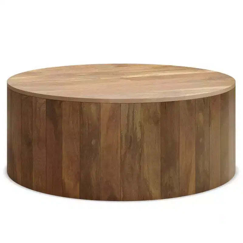 WyndenHall Hillmount Drum Coffee Table Natural: Modern Industrial Style, Mango Wood, No Assembly Required