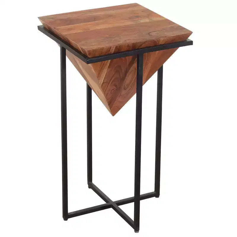 The Urban Port 26" Pyramid Shape Wooden Side Table with Cross Metal Base Brown/Black