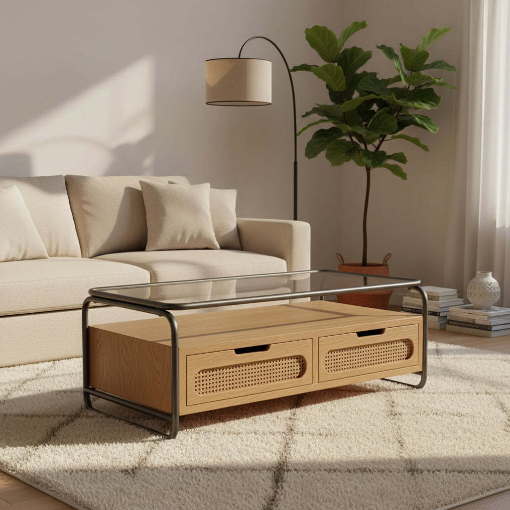 Olivia & May Wooden 1 Shelf Coffee Table with 2 Cane Front Drawers and Gray Metal Frame Brown: Indoor Modern Farmhouse Style, No Assembly Required