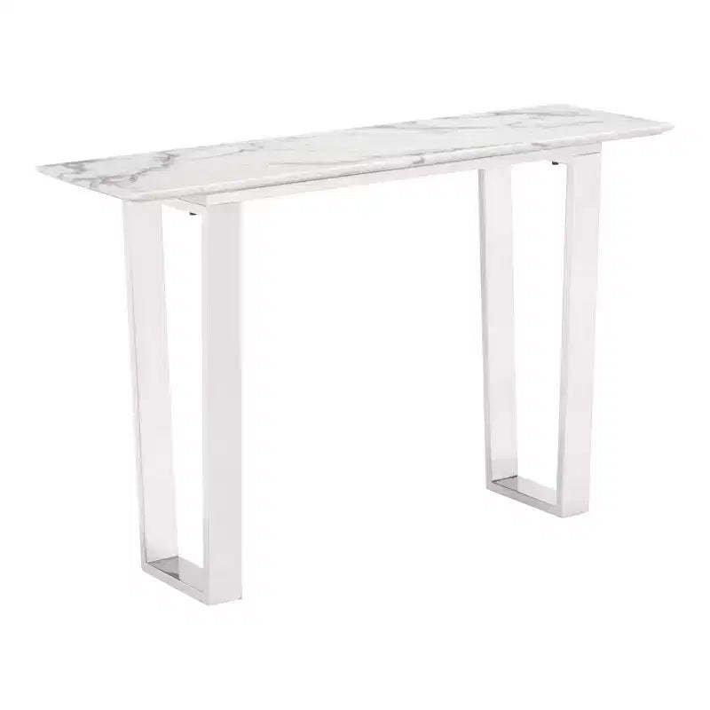Modern Rectangular Faux Marble Console Table - Stone, Brushed Stainless Steel - Zm Home