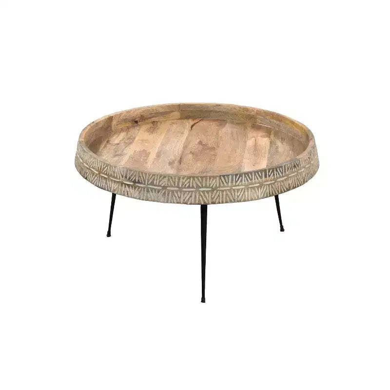 The Urban Port 29" Modern Handcrafted Round Coffee Table Natural Brown Wood Top with Carved Edge Black Iron Legs Brown/Black