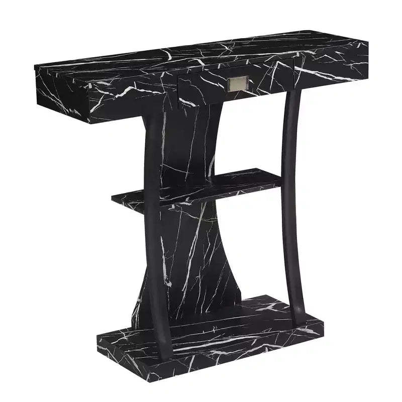 Breighton Home Newport 1 Drawer Harri Console Table with Shelves in Black Faux Marble