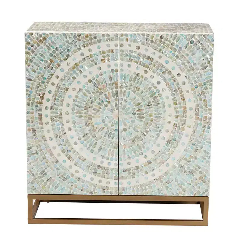 Baxton Studio Quintus Mother of Pearl and Metal Storage Cabinet Mosaic/White/Gold: Elegant Accent, Fixed Shelves, No Assembly Required