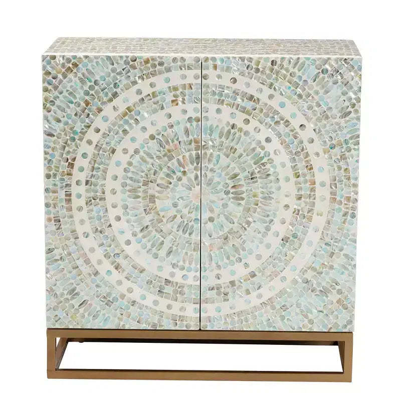 Baxton Studio Quintus Mother of Pearl and Metal Storage Cabinet Mosaic/White/Gold: Elegant Accent, Fixed Shelves, No Assembly Required