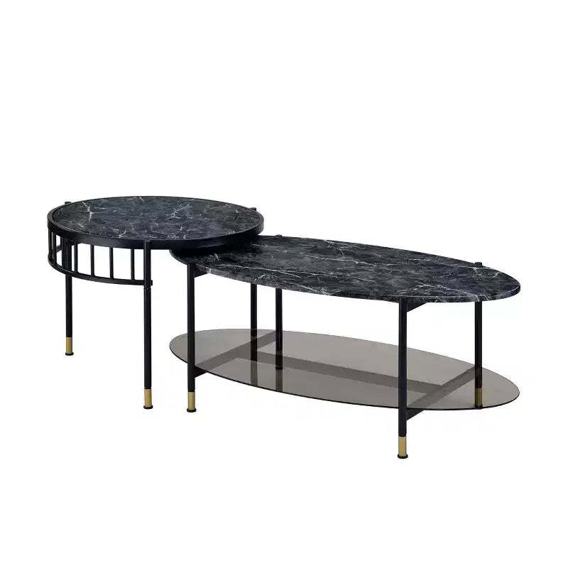 Acme Furniture 40" Silas Accent Table Set with Shelf: Faux Marble, Round, Metal Base