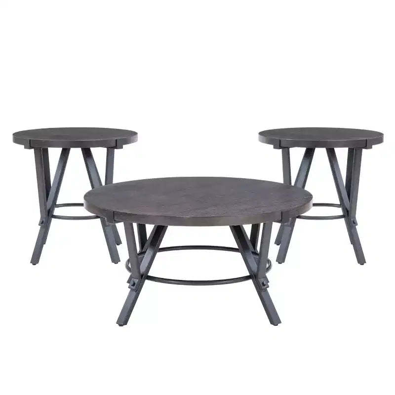 Powell 3pc Galway Wood Top and Charcoal Gray Metal Round Coffee and Side Table Set Charcoal Brown: Rustic Living Room Furniture Set