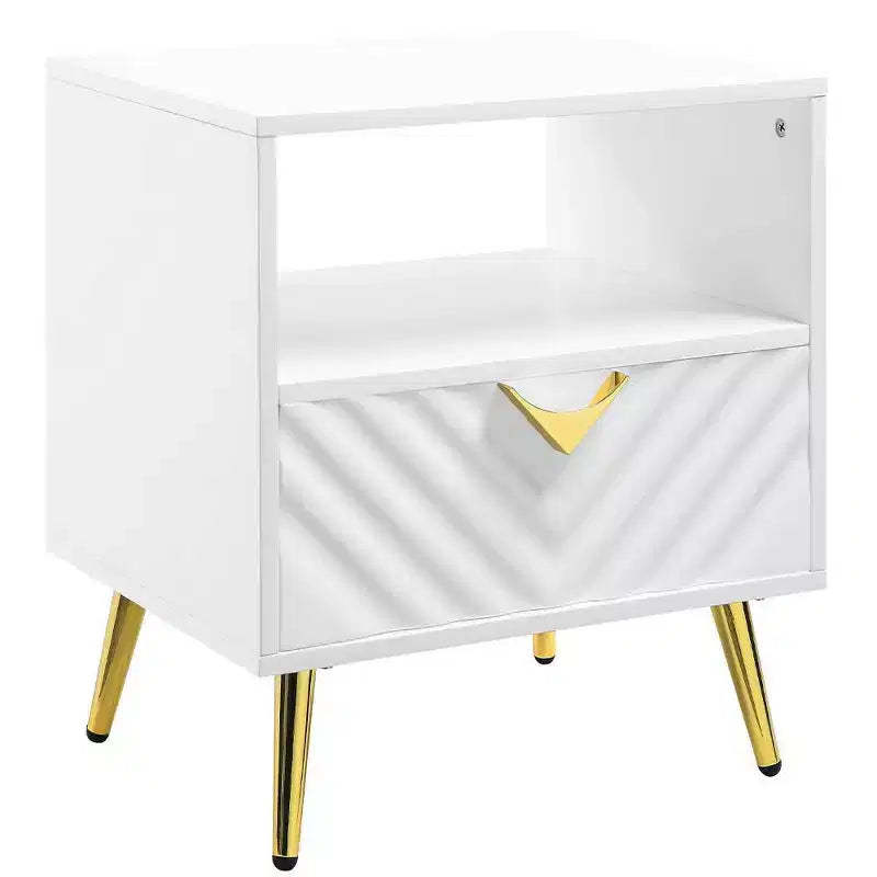 Gaines 20" Accent Tables White High Gloss - Acme Furniture: Mid-century Design, Gold Metal Legs, Storage Shelf