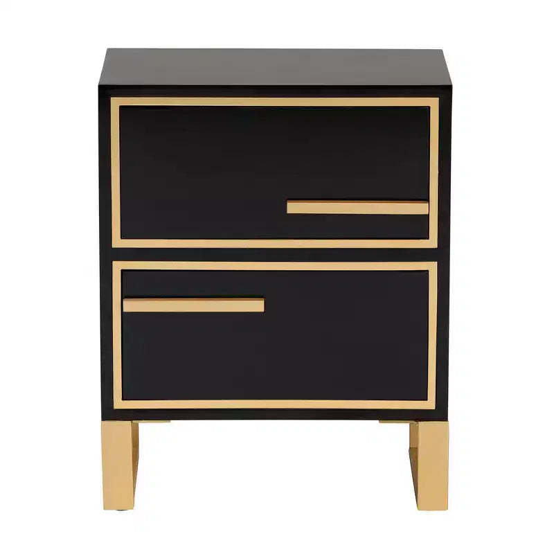 Giolla Wood and Metal 2 Drawer End Table Black/Gold - Baxton Studio: Sleek Side Table with Storage, Modern Design