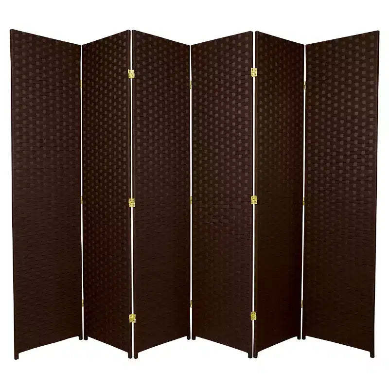 6 ft. Tall Woven Fiber Room Divider - Dark Mocha (6 Panels): Oriental Furniture, No Assembly, Metal Hardware