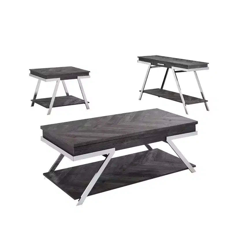 3pc Roma Occasional Table Set Dark Gray/Chrome - Steve Silver Co.: Modern Living Room Furniture Set with Lift-Top Design
